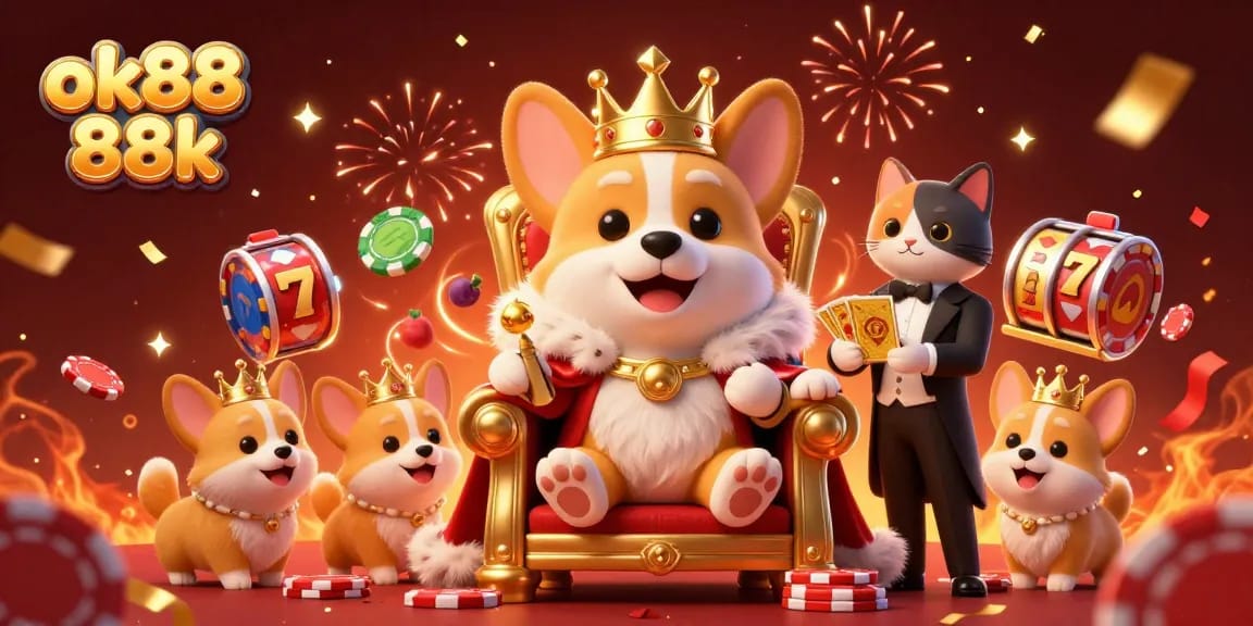 Engage with the vibrant world of ok88 88k, featuring a royal corgi amidst thrilling slot elements.