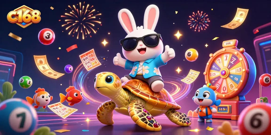 Join the fun with c168 as the lucky rabbit rides a golden turtle amidst vibrant gambling elements.