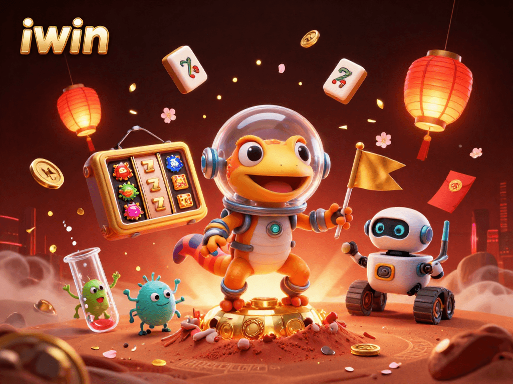 Experience iwin in a captivating 3D illustration featuring a space-bound gecko exploring a vibrant Mars casino.