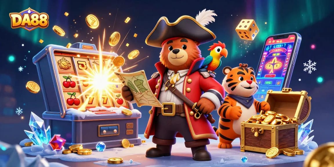 Engage with DA88's thrilling gaming scene featuring cartoon characters and exciting casino elements.