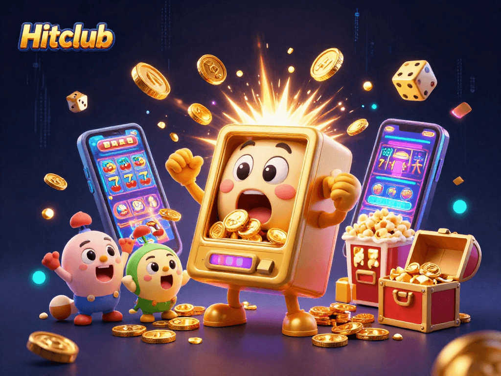 Hitclub's golden slot machine celebrates a jackpot victory amid coins and excitement.