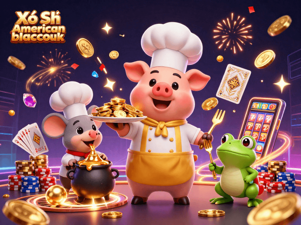 Experience Xổ Số american blackjack with vibrant characters and casino elements celebrating big wins.