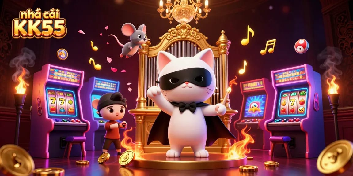 Experience the vibrant world of nhà cái KK55 with colorful gaming elements and lively characters in a casino setting.