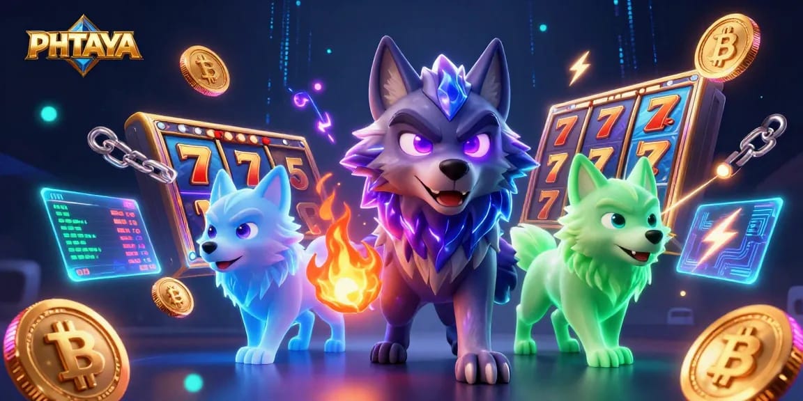 PHTAYA elevates your gaming with vibrant slot features and crypto elements in a 3D digital illustration