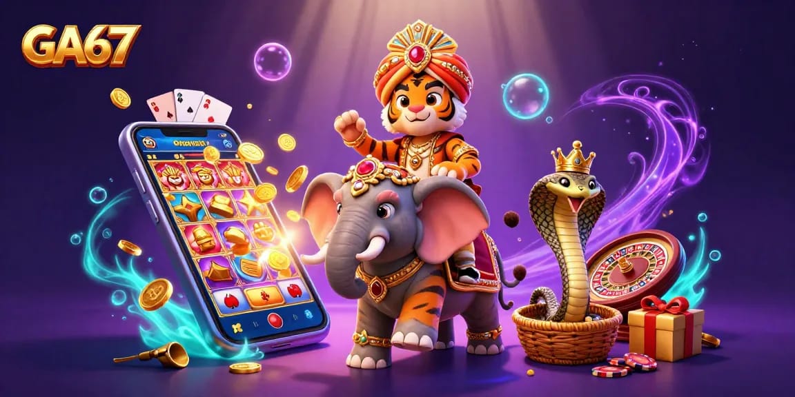 Experience thrilling cockfighting at GA67 with a colorful illustration of vibrant characters and casino elements.