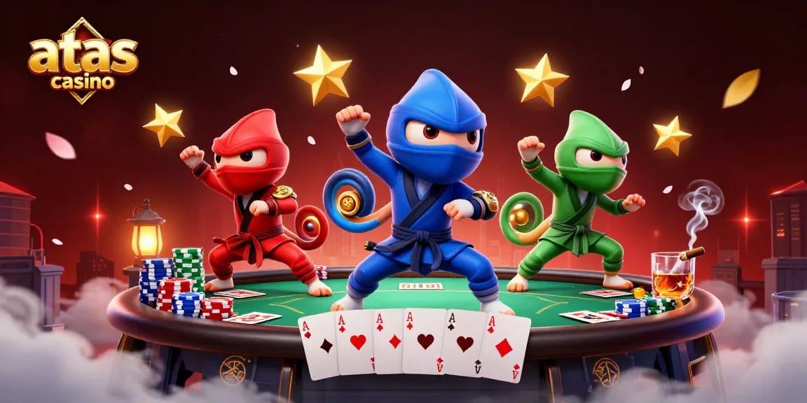 Engage in action-packed poker excitement at atas casino with vibrant characters and thrilling game elements.