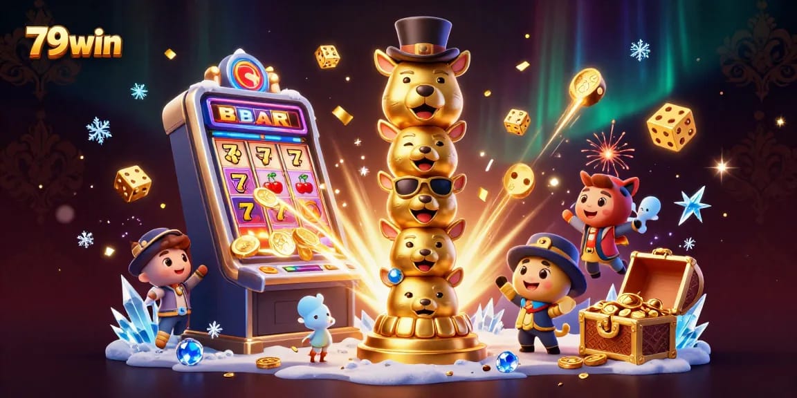 Experience thrilling wins with 79win's vibrant casino art, featuring dynamic gaming elements and joyful characters.