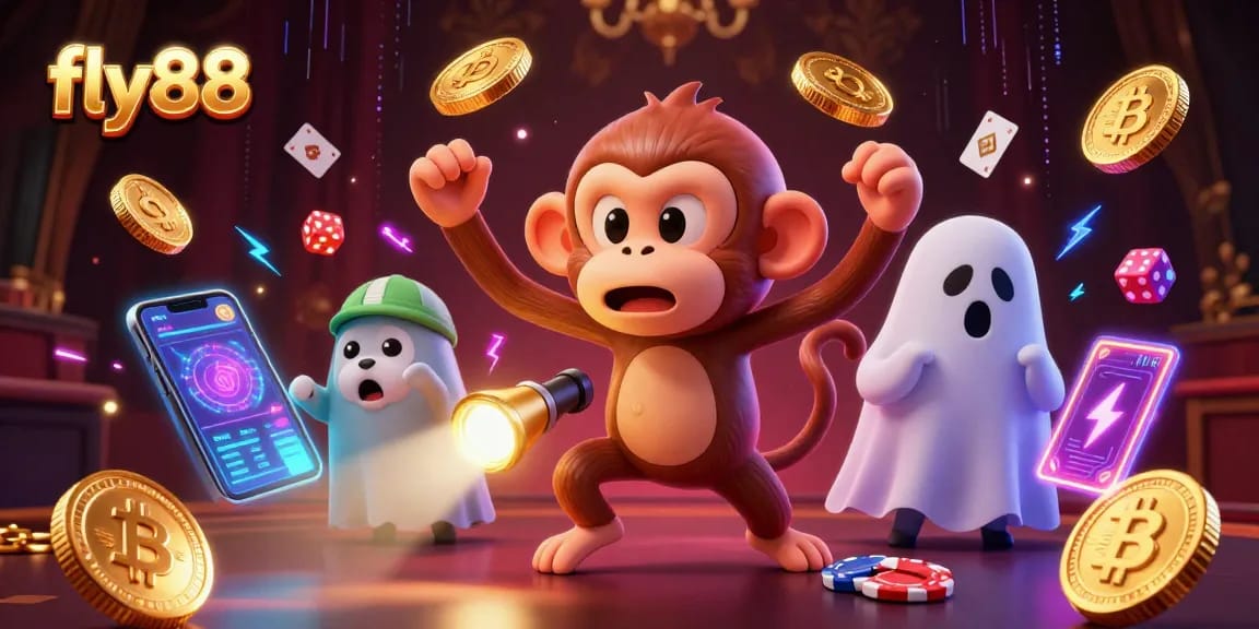 Experience gaming excitement at fly88 with a lively illustration featuring a playful ghost-hunting puppy and a mischievous monkey.