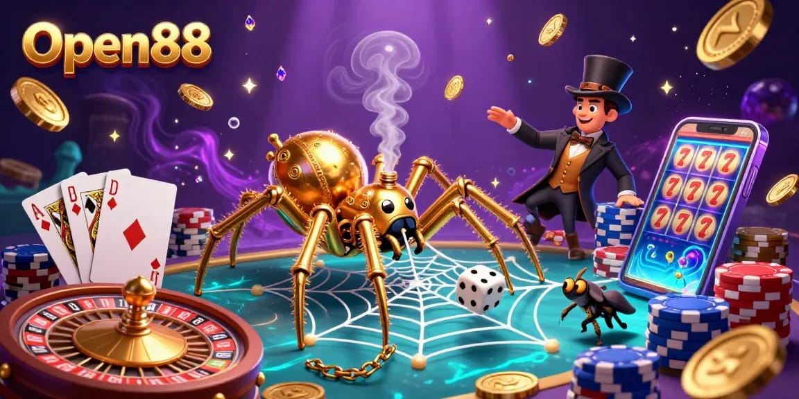 Experience Open88's thrilling gambling atmosphere in a vibrant 3D illustration featuring steampunk elements.