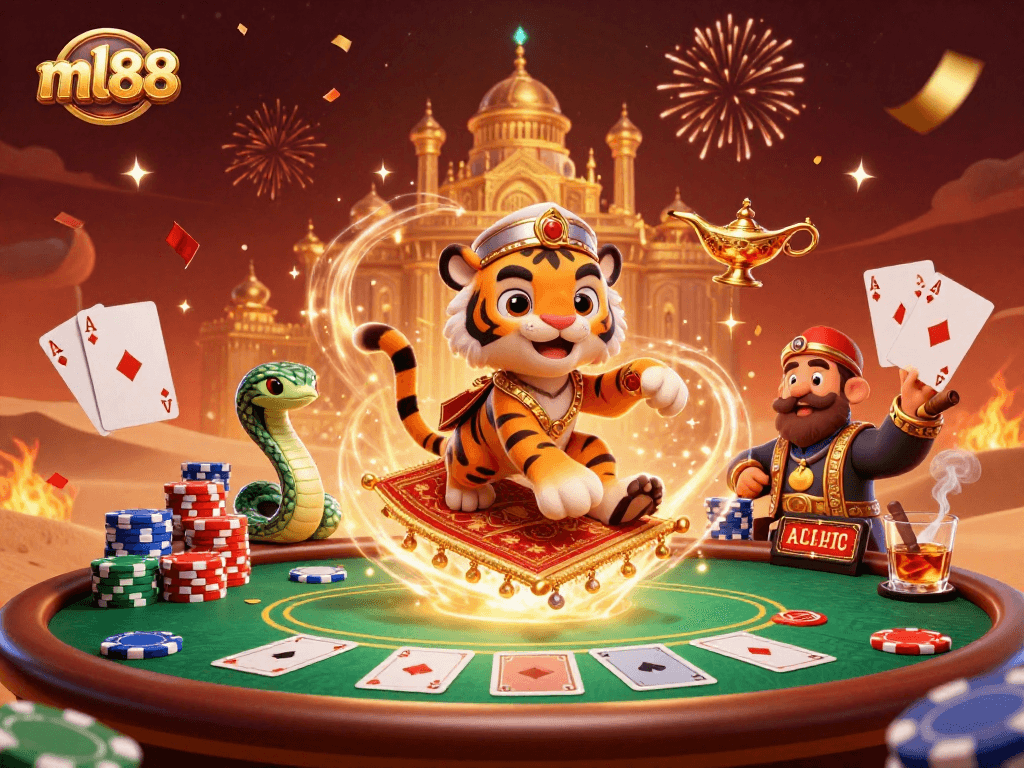 Play poker and explore ml88's vibrant casino atmosphere featuring colorful chips and animated characters.
