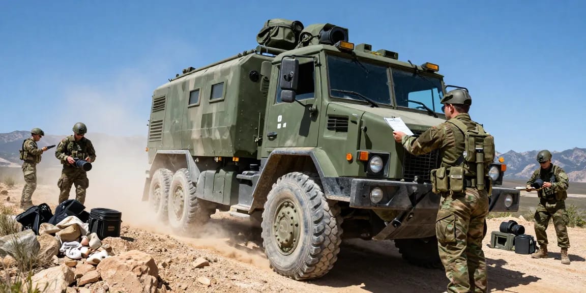 88M Motor Transport Operator performing a vehicle inspection in military training, showing teamwork and rugged terrain.
