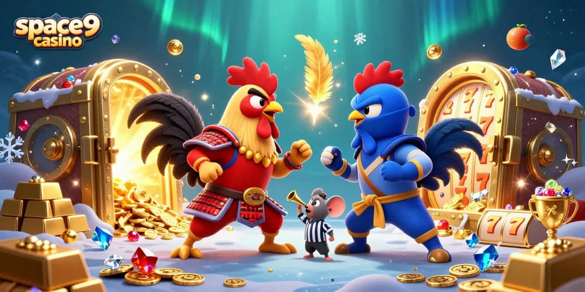 Engage in thrilling gameplay at space9 casino with dynamic roosters and gold treasure visuals.