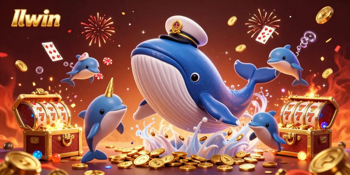 llwin offers thrilling gaming moments with a whale breaching coins and playful dolphins in a casino setting.