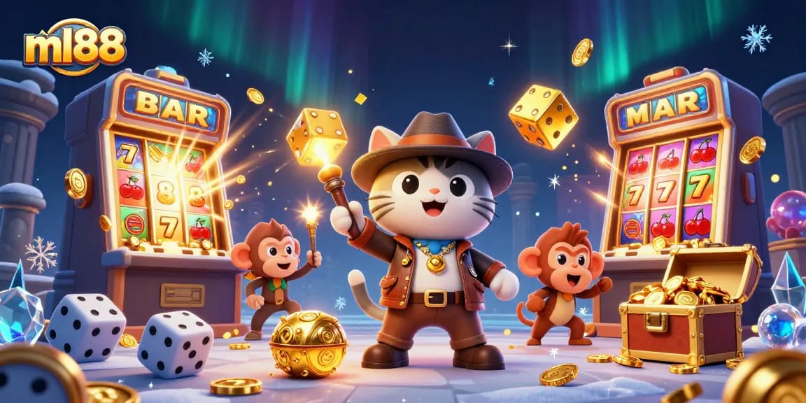 ml88 captures the excitement of jackpot wins amidst ancient artifacts and vibrant casino elements.