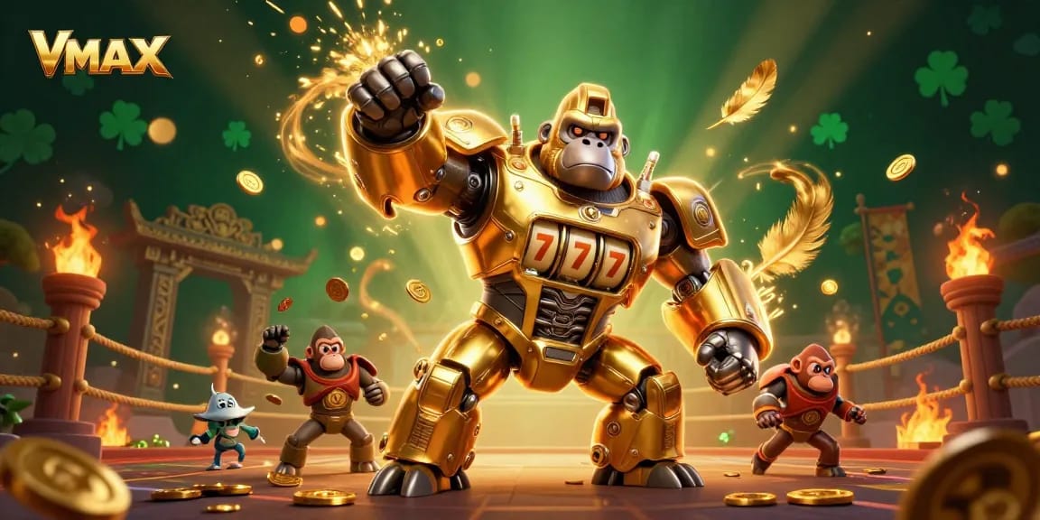 Experience the thrill of VMAX with dynamic casino elements in a vibrant 3D scene featuring a golden gorilla mech.
