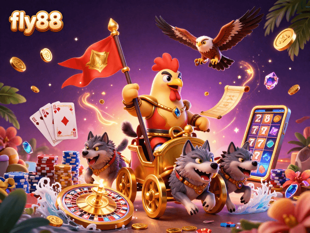 Experience thrilling casino action with fly88 featuring a rooster warrior, golden coins, roulette, and poker.