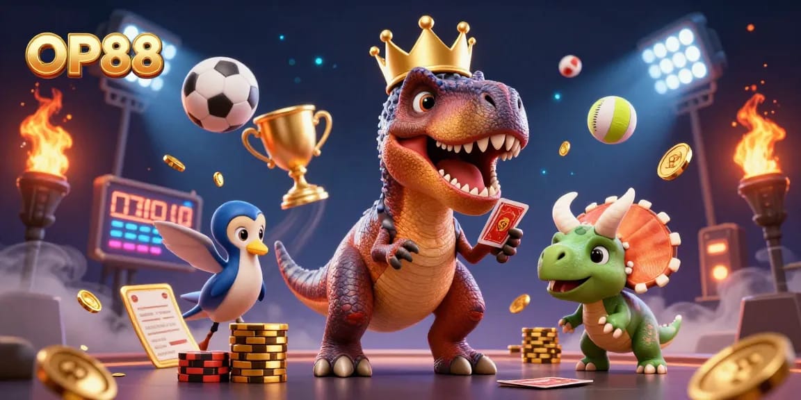 OP88 showcases engaging sports-themed illustrations with vibrant characters and dynamic gambling elements.