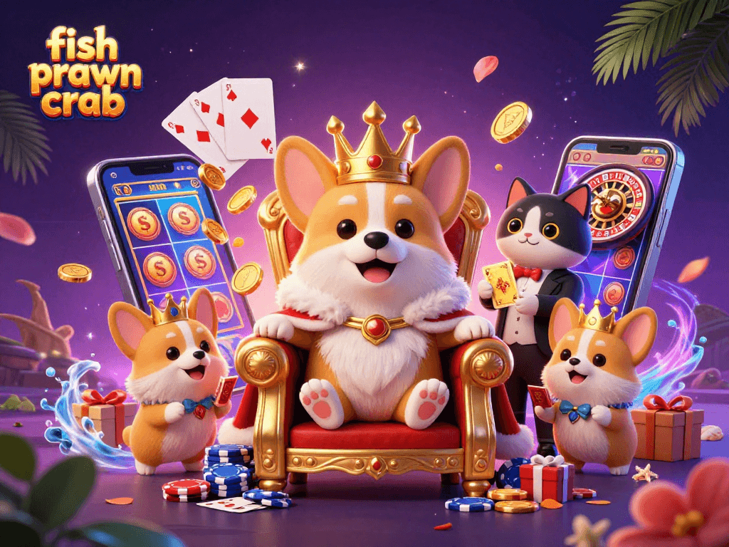 Experience the thrill of fish prawn crab with vibrant slot game action, royal corgi characters, and dynamic casino elements.