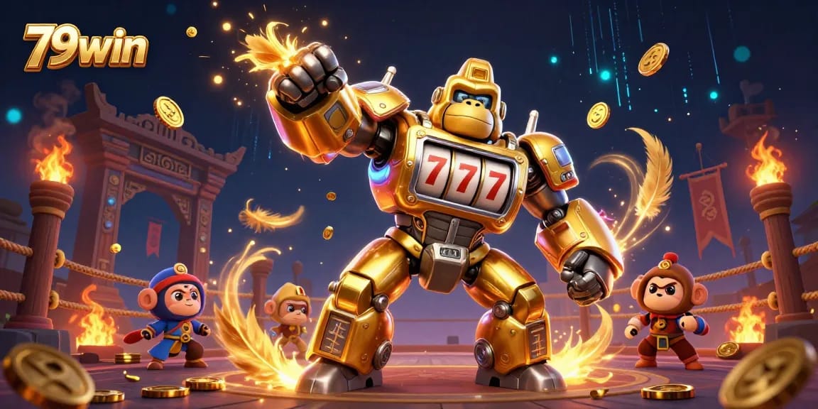 Experience thrilling action in 79win with a golden gorilla mech and explosive casino elements.