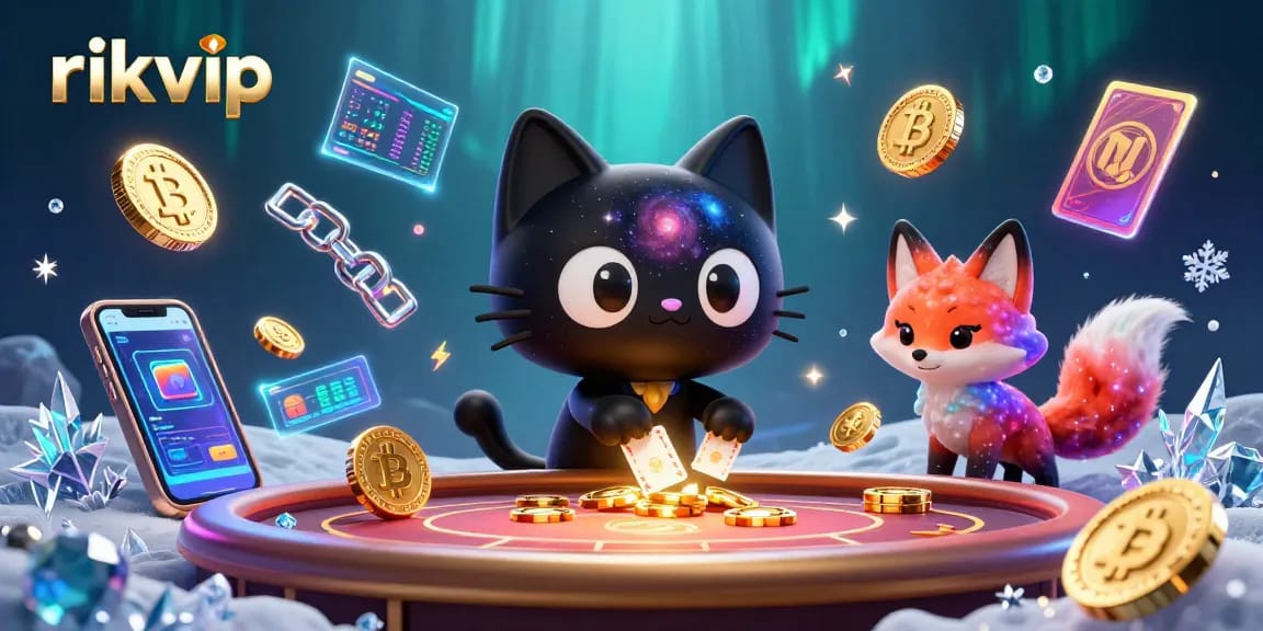 Play exciting games with rikvip, where a cosmic cat and vibrant fox win big at the casino table.
