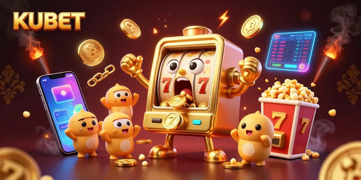KUBET jackpot scene with a golden slot machine celebrating, surrounded by cheerleading baby slots and crypto coins.