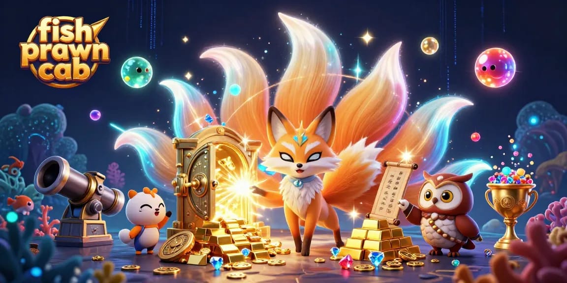 Engage in the vibrant fish prawn crab gaming scene with a colorful nine-tailed fox and treasures!