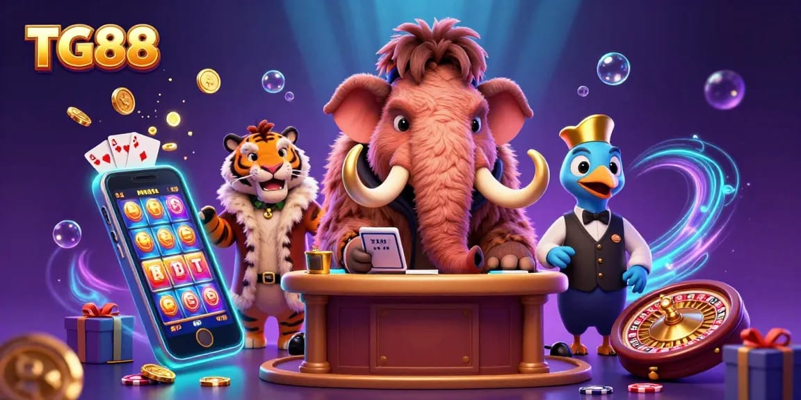 Engage in thrilling gaming adventures at TG88 with a vibrant casino scene featuring a mammoth bouncer and saber-tooth guest.