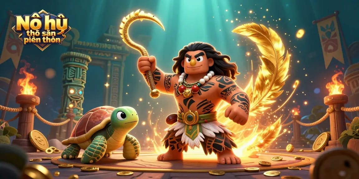 Nổ hũ thợ săn tiền thưởng showcases thrilling jackpot action with a Maui-style demigod and treasure-rich background.