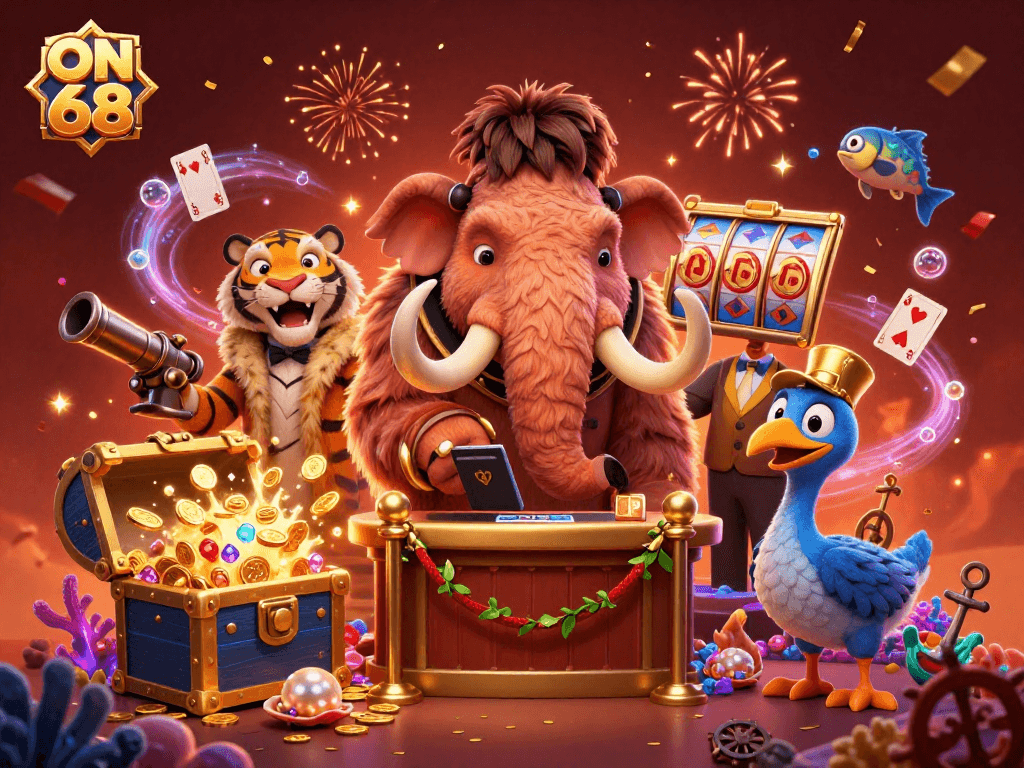 Experience dynamic gaming at ON 68 with a cartoon mammoth bouncer and engaging casino themes.