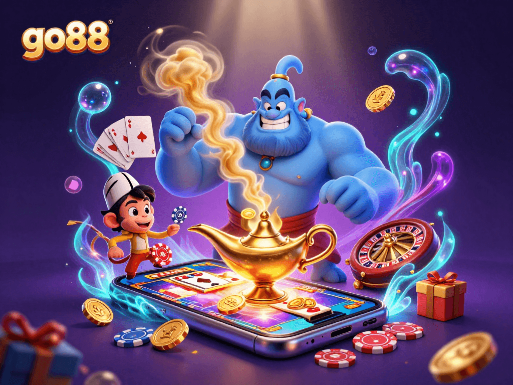 Spin the reels of go88 with a magical genie, poker chips, and vibrant casino elements