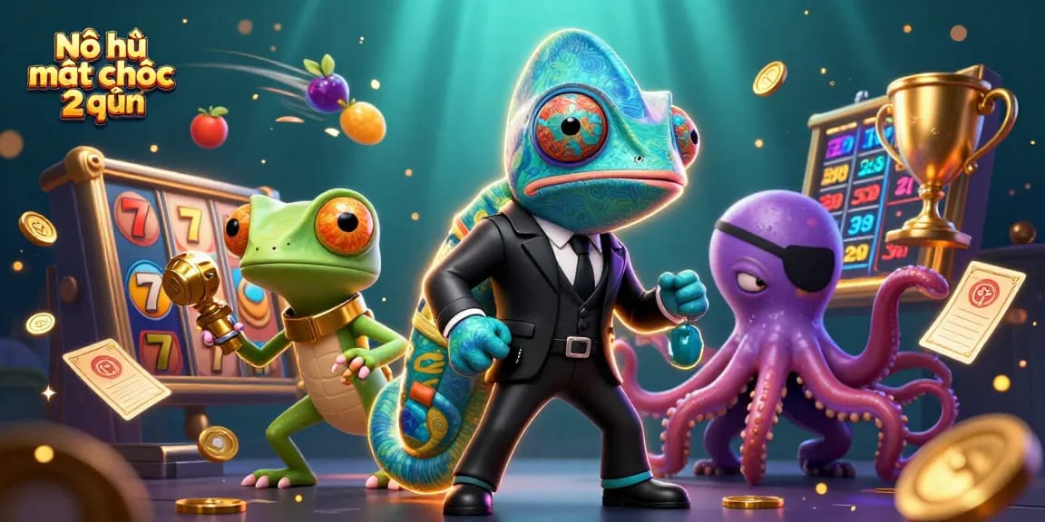 Nổ hũ mạt chược 2 người features thrilling slot reels, golden trophies, and colorful graphics emulating a casino atmosphere.