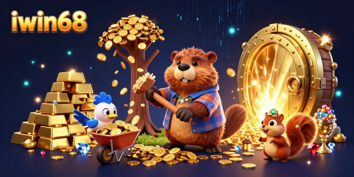 Engage with iwin68 in a vibrant 3D casino scene, where our cartoon beaver character delights in golden coin rewards