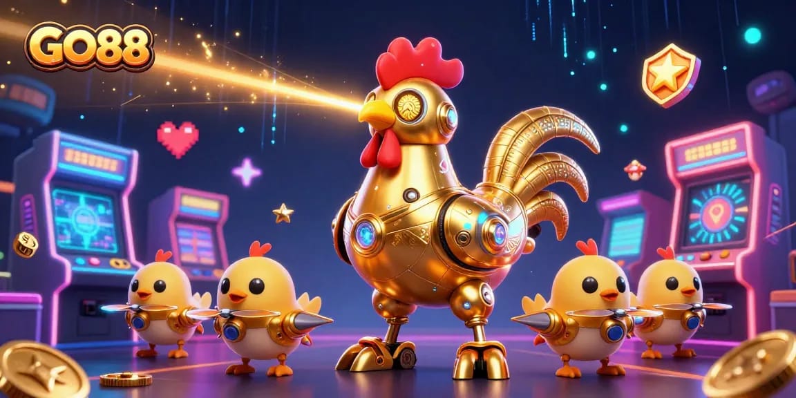 Engage with GO88's thrilling gaming experience featuring a golden rooster robot and vibrant casino elements.