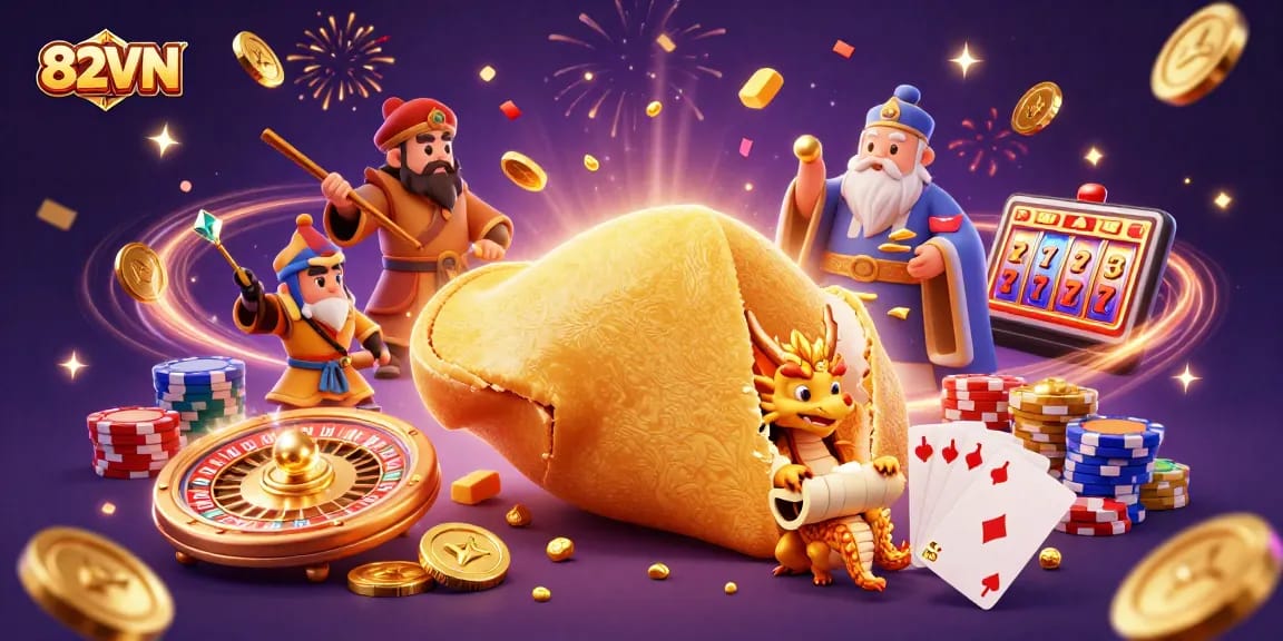 Experience the excitement of 82VN with winning strategies and golden treasures in a dynamic casino scene.