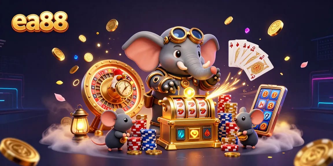 Spin the golden slot machines at ea88 with fun characters amidst cascading coins and vibrant casino elements.