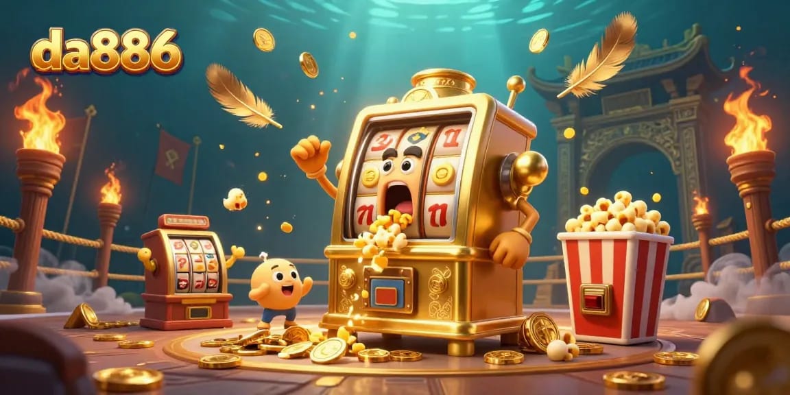 Exciting moment as da886's golden slot machine hits jackpot, surrounded by cheering baby slots and popcorn machine.
