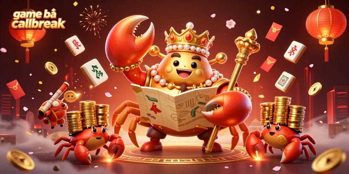Engage in game bài callbreak with a golden crab emperor amidst a vibrant casino scene.