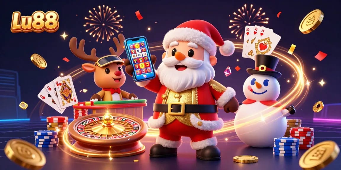 Lu88 offers exciting jackpot slots, featuring a festive illustration of Santa, a reindeer, and a snowman.