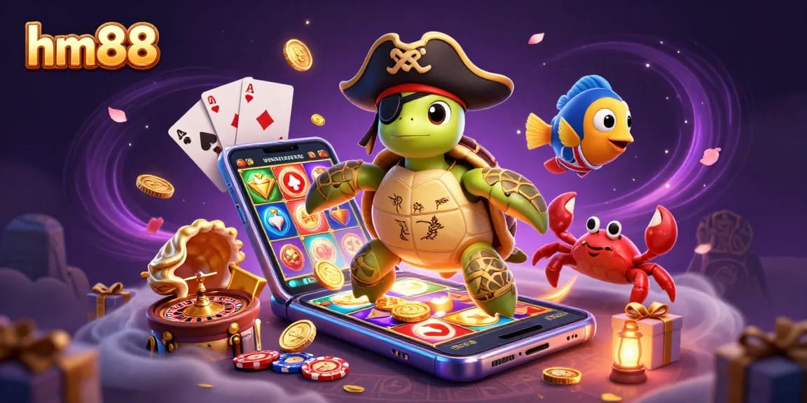 Spin the reels with hm88 in this vibrant casino scene featuring a cartoon pirate turtle and treasure.