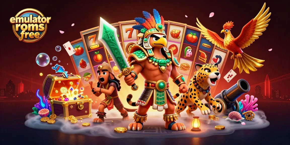 Win with emulator roms free in this vibrant 3D casino scene filled with lively gaming action.