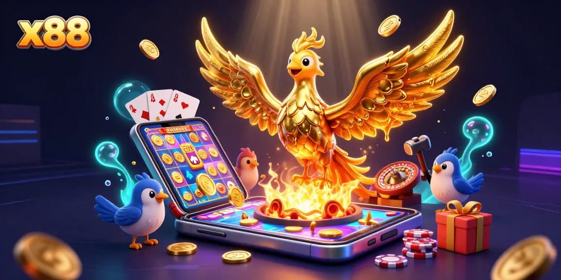 x88 players enjoying a vibrant gaming experience with golden phoenix and dynamic casino elements.