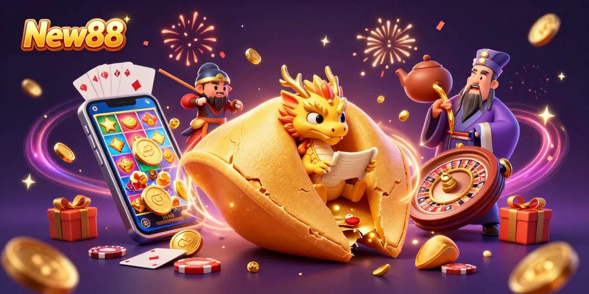 Spin and win at New88 with a vibrant 3D casino scene showcasing games and fortune elements.