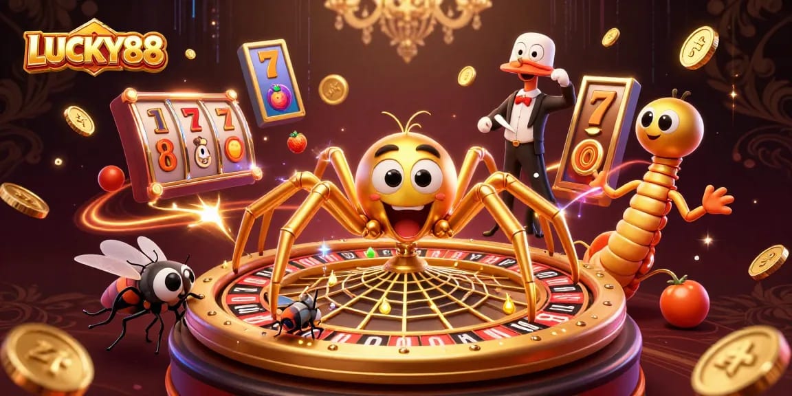 Engage with LUCKY88 slot reels as a golden spider and centipede croupier create a thrilling casino scene.