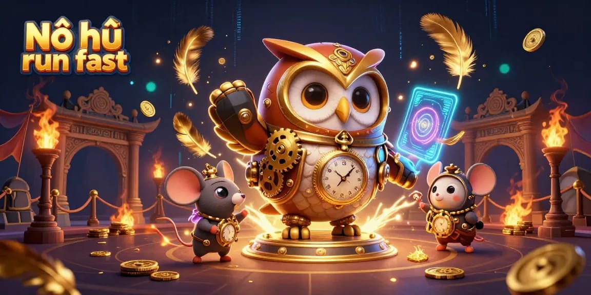 Nổ hũ run fast showcases a vibrant 3D scene with a time-traveler owl and steampunk elements in a casino environment.