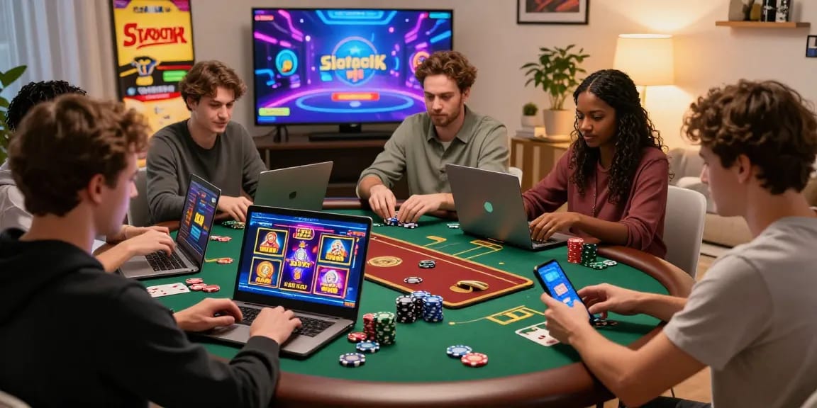Exciting online gambling experience showcasing Slotmaxwin with players enjoying poker and slots in a vibrant digital setting.