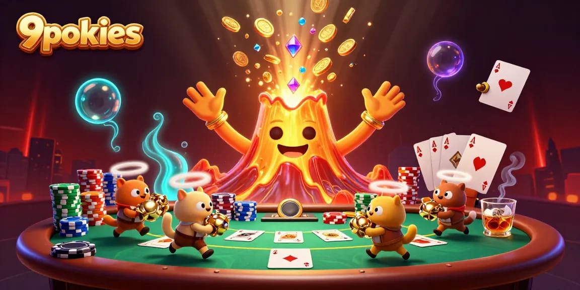 Engage with 9pokies and discover treasures amidst a vibrant 3D casino eruption scene.