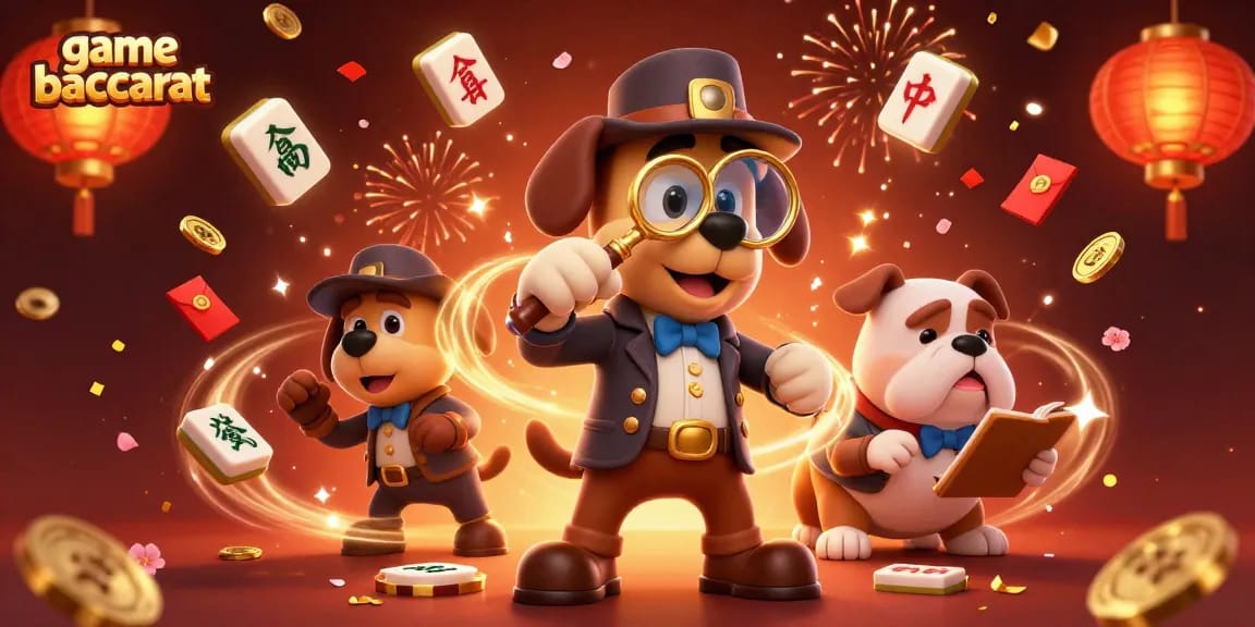 Engage in game baccarat excitement with a detective unveiling a poker chip clue in a festive scene.