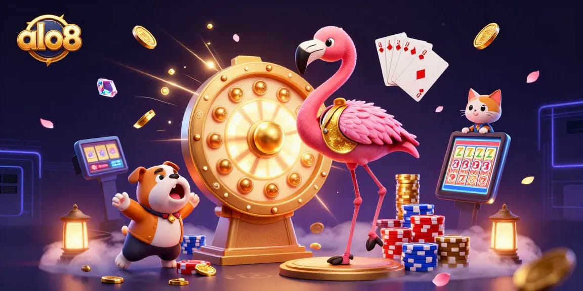 Experience exciting gambling thrills with alo8 in a vibrant 3D casino scene full of prizes and energy.