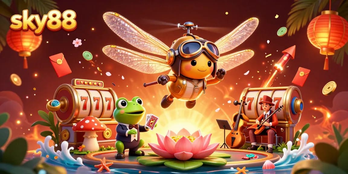 Engage in winning gameplay at sky88's vibrant casino with 3D dragonfly pilot and casino elements.