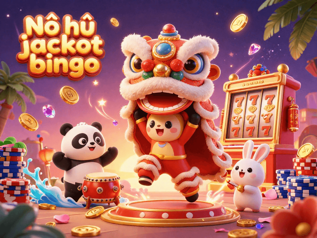 Nổ hũ jackpot bingo showcases a vibrant lion dance scene with characters amidst flying coins and a spinning slot machine.